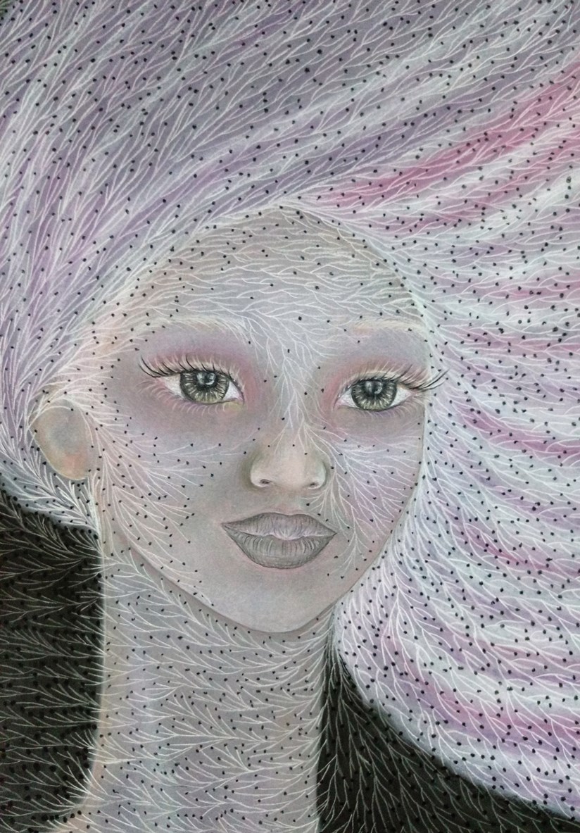 Close up of 'Paulette'. Drawing by Shorena Ratiani. Chalk pastel on paper.